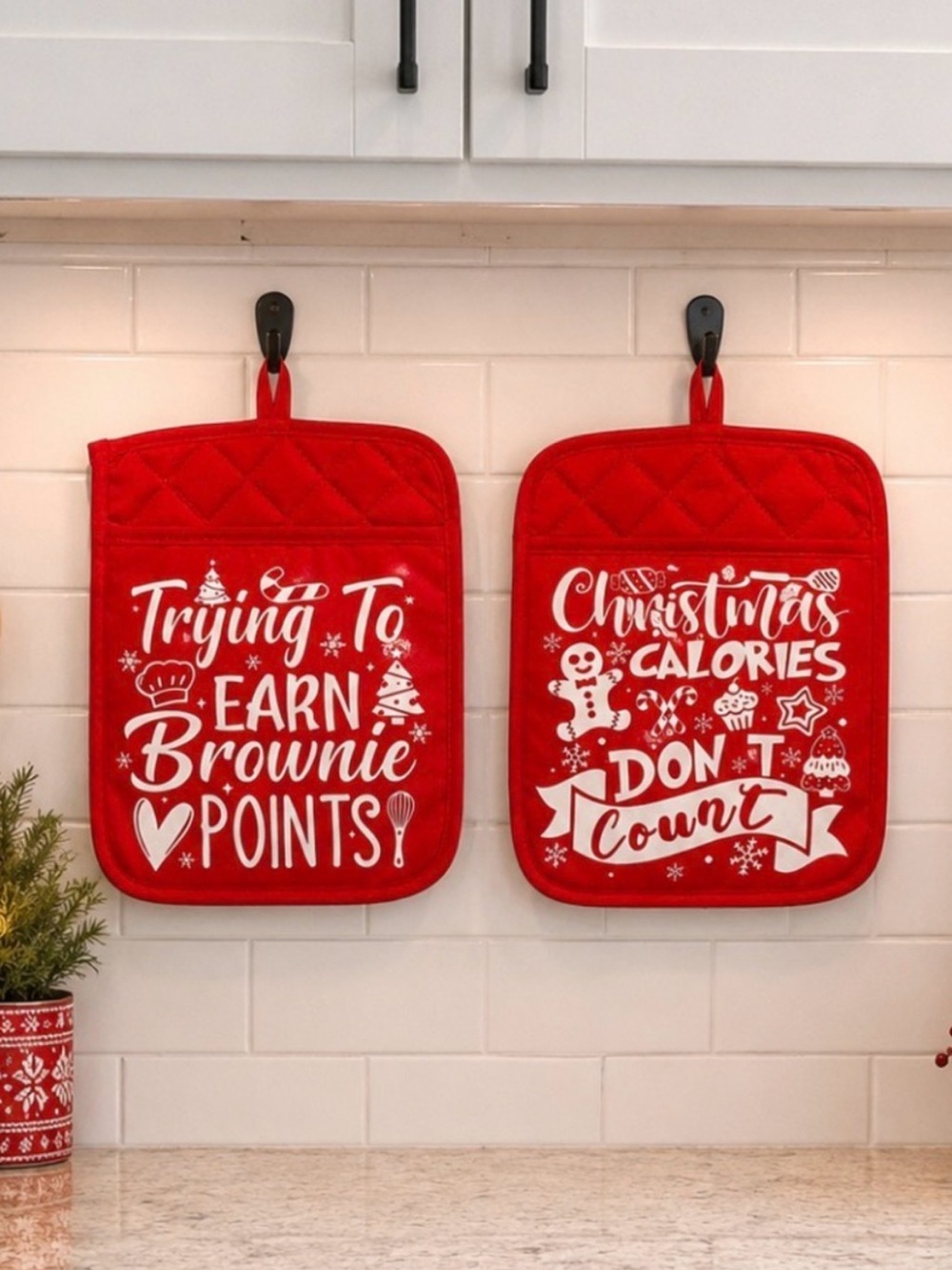 Festive Holiday Kitchen Pot Holders - Red with White Lettering - Set of 2